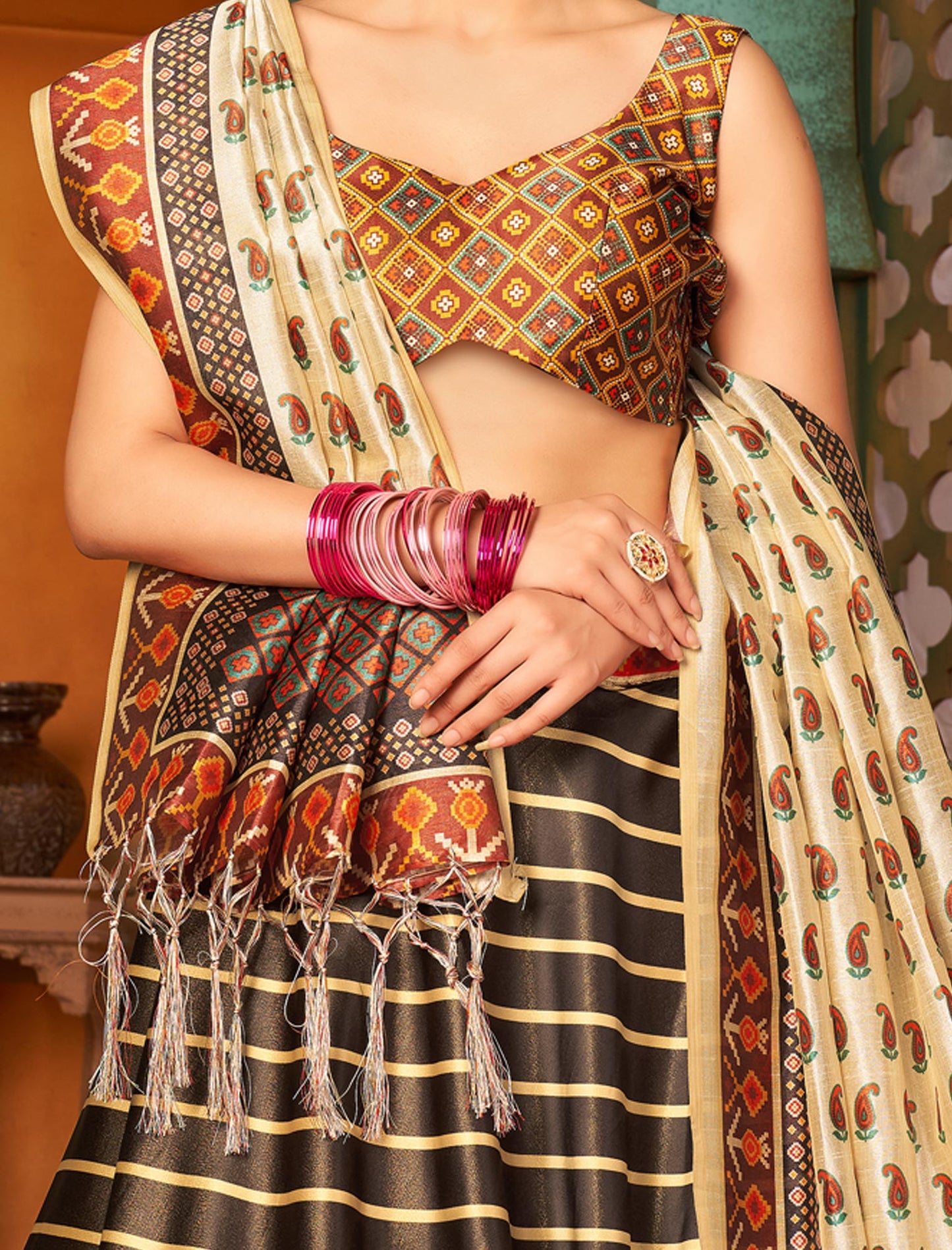 Multi-Color Rera Digital Print Assam Silk Dupatta With Lehenga Choli Set For Women