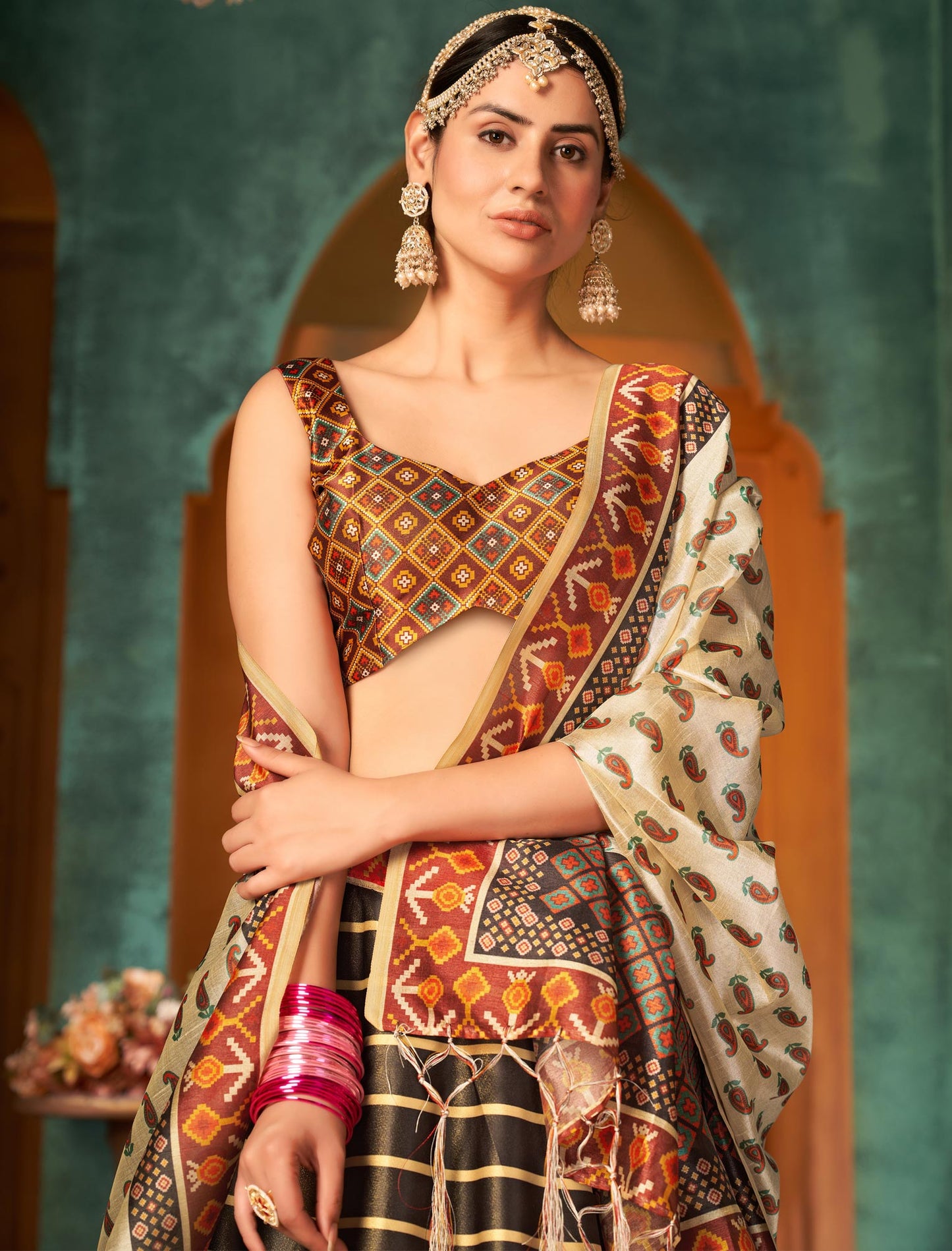 Multi-Color Rera Digital Print Assam Silk Dupatta With Lehenga Choli Set For Women