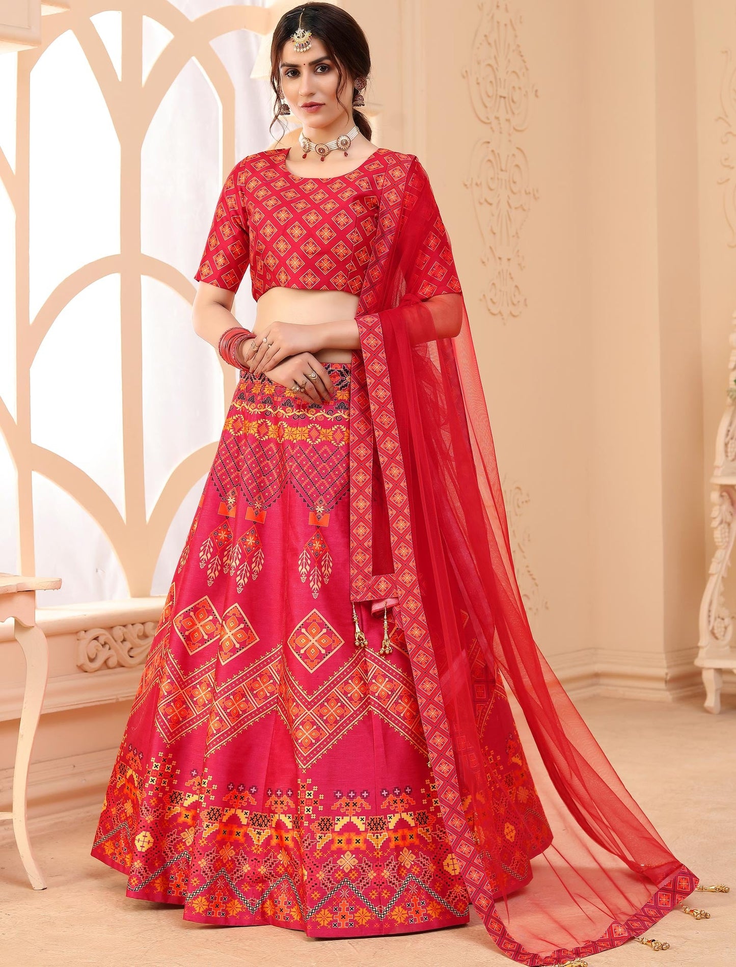 Multi-Color Rera Digital Print Assam Silk Dupatta With Lehenga Choli Set For Women