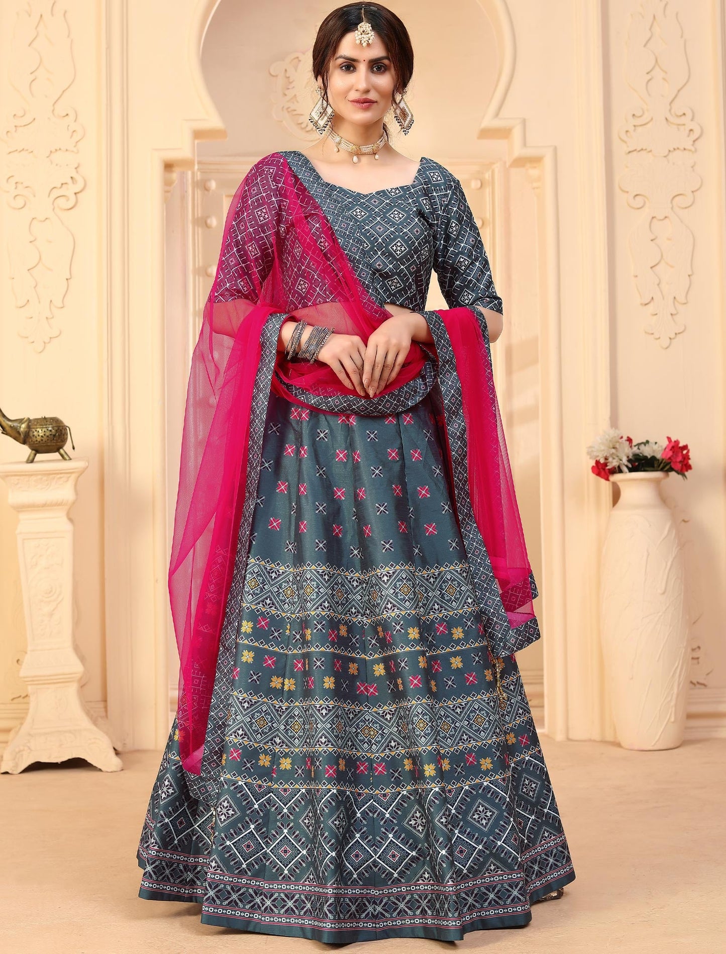 Multi-Color Rera Digital Print Assam Silk Dupatta With Lehenga Choli Set For Women