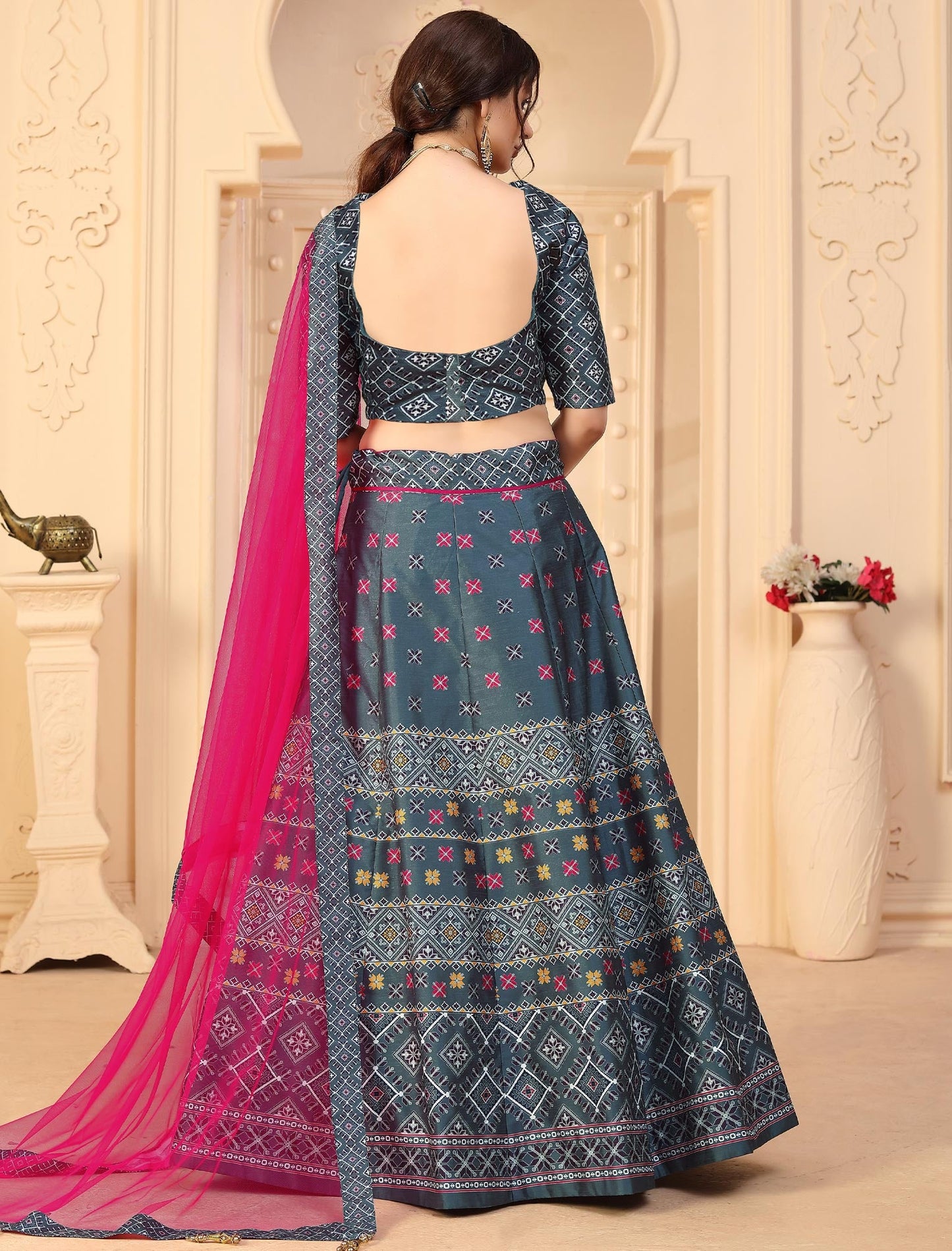 Multi-Color Rera Digital Print Assam Silk Dupatta With Lehenga Choli Set For Women