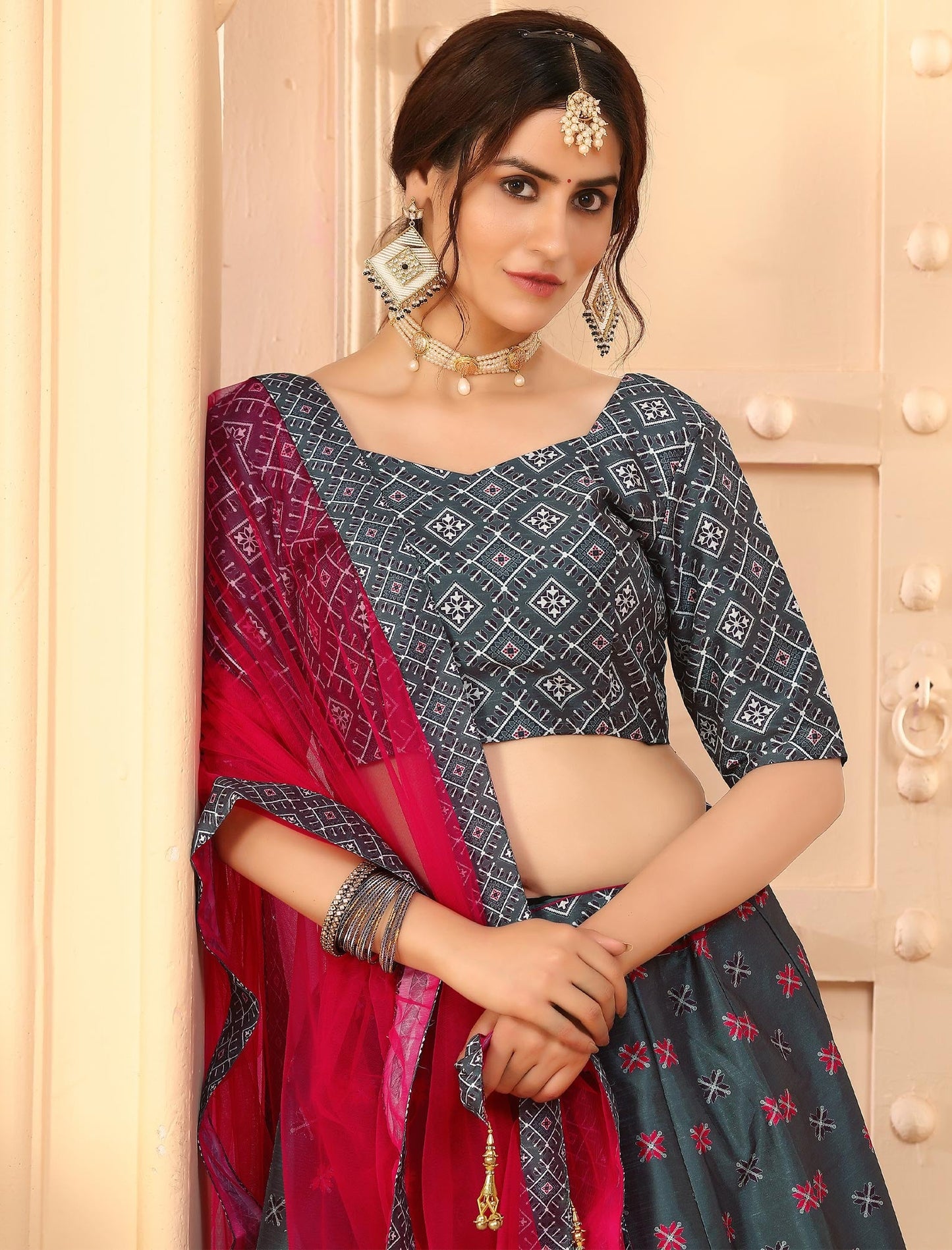 Multi-Color Rera Digital Print Assam Silk Dupatta With Lehenga Choli Set For Women