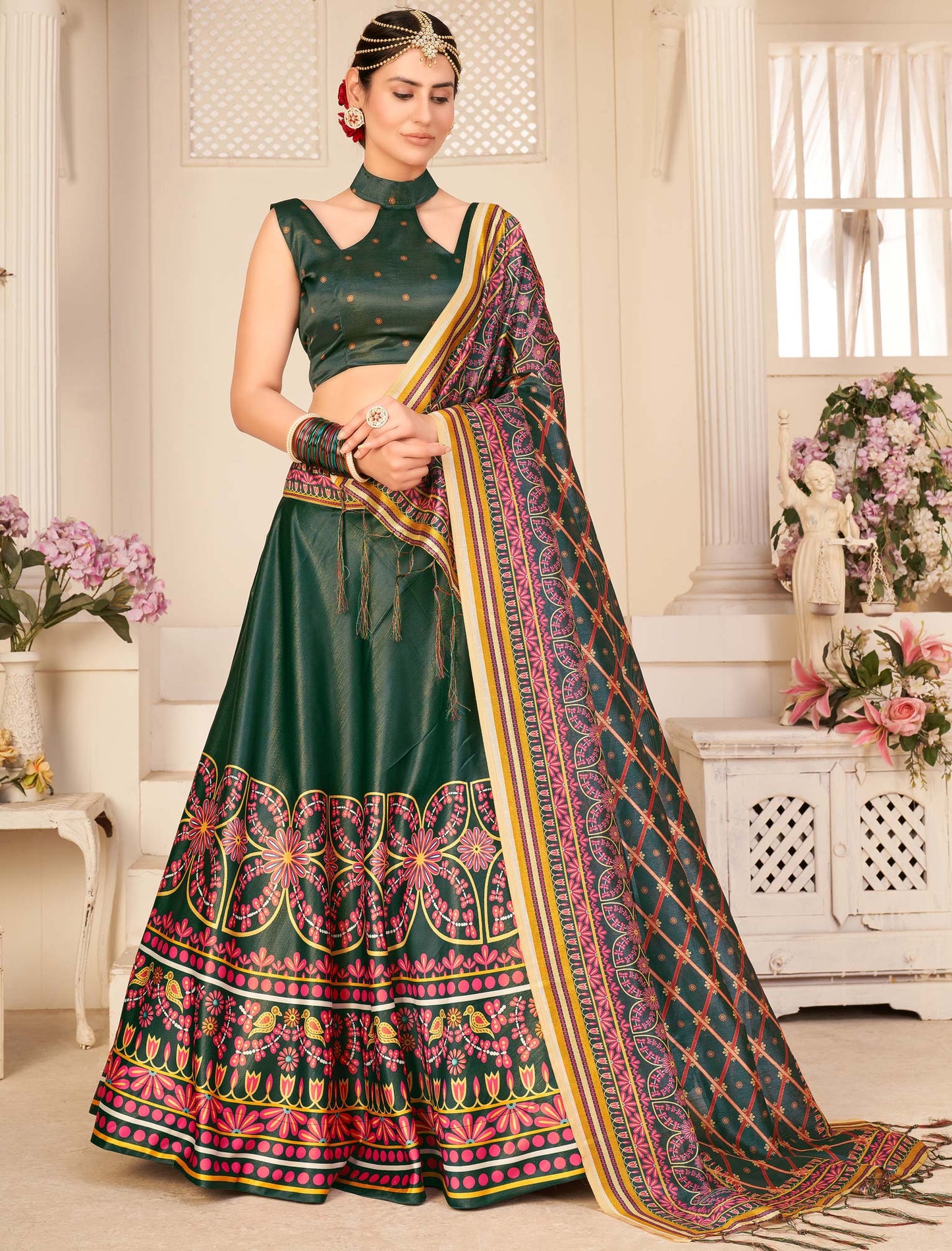 Multi-Color Rera Digital Print Assam Silk Dupatta With Lehenga Choli Set For Women