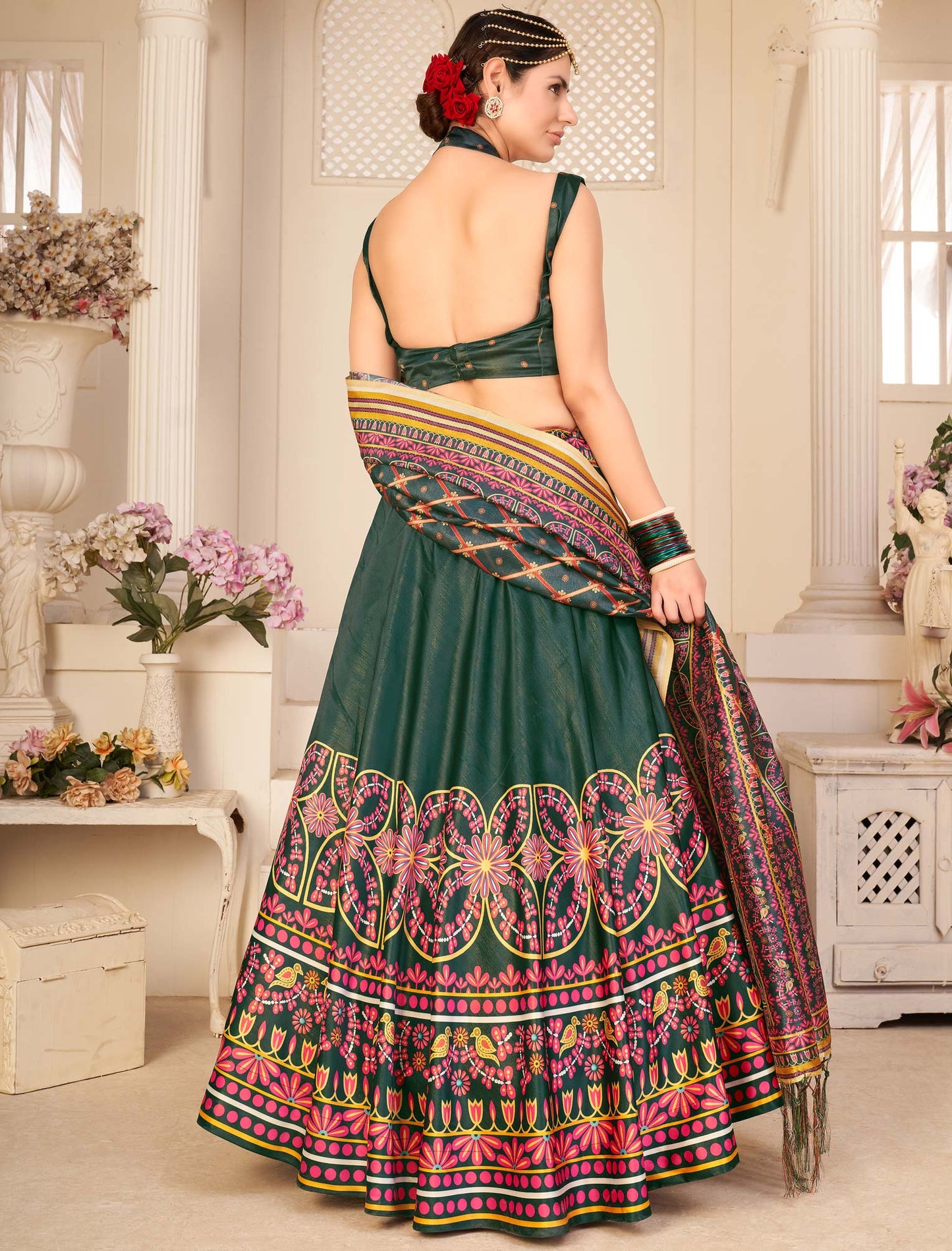 Multi-Color Rera Digital Print Assam Silk Dupatta With Lehenga Choli Set For Women