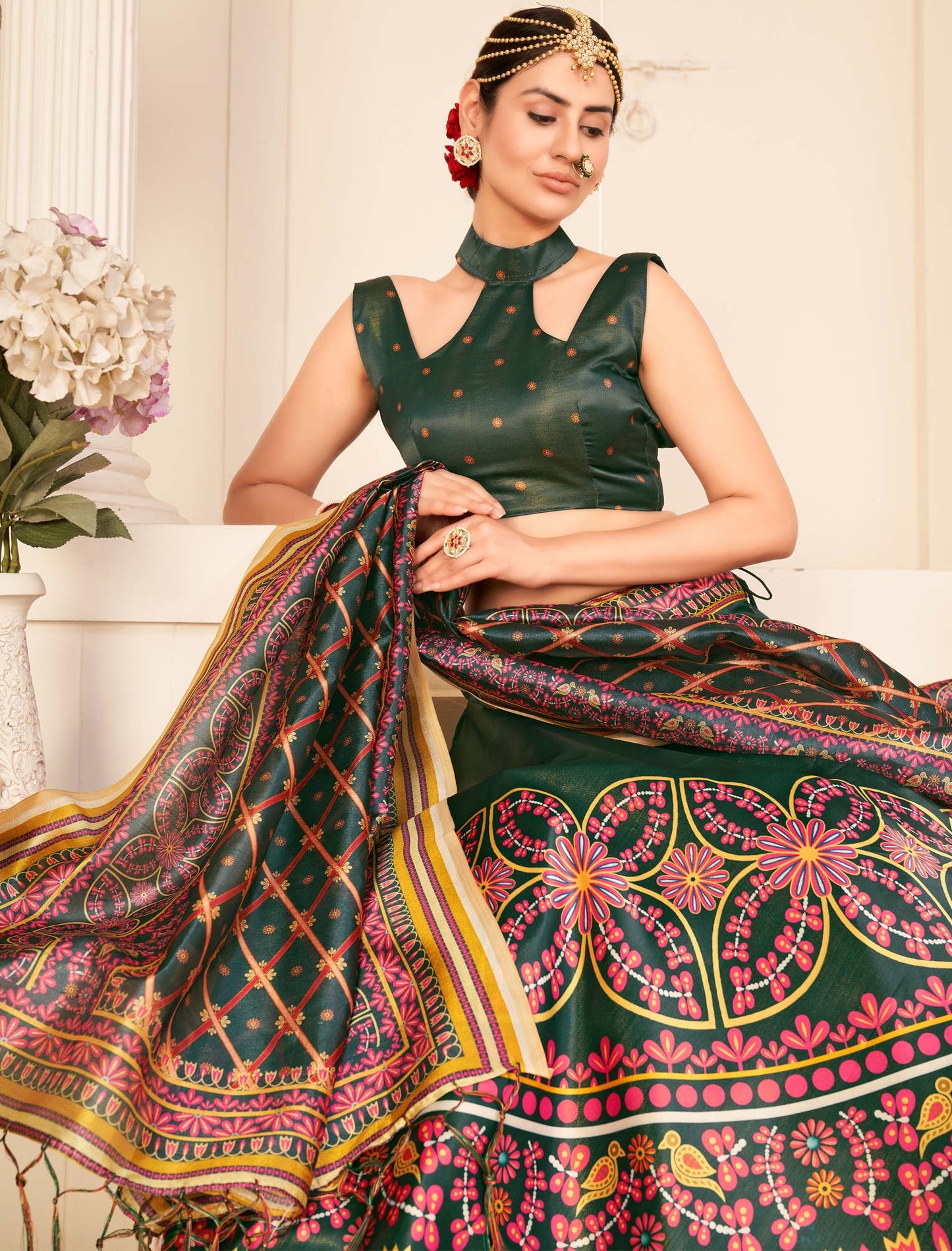 Multi-Color Rera Digital Print Assam Silk Dupatta With Lehenga Choli Set For Women