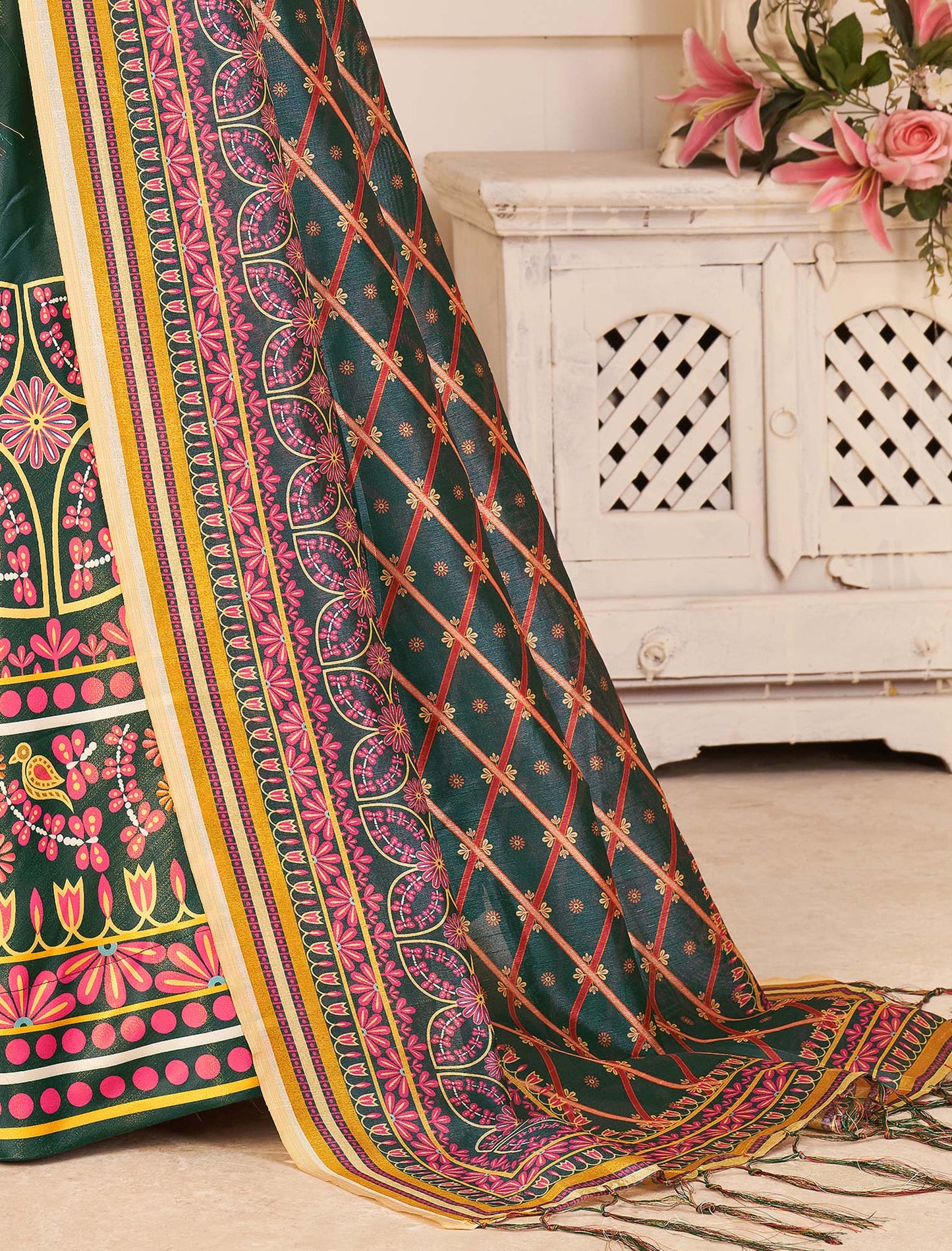 Multi-Color Rera Digital Print Assam Silk Dupatta With Lehenga Choli Set For Women