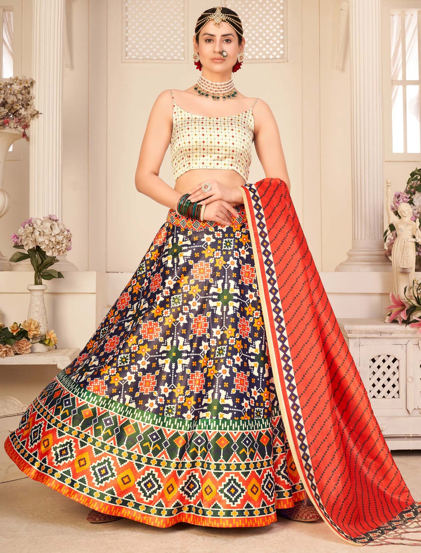 Multi-Color Rera Digital Print Assam Silk Dupatta With Lehenga Choli Set For Women
