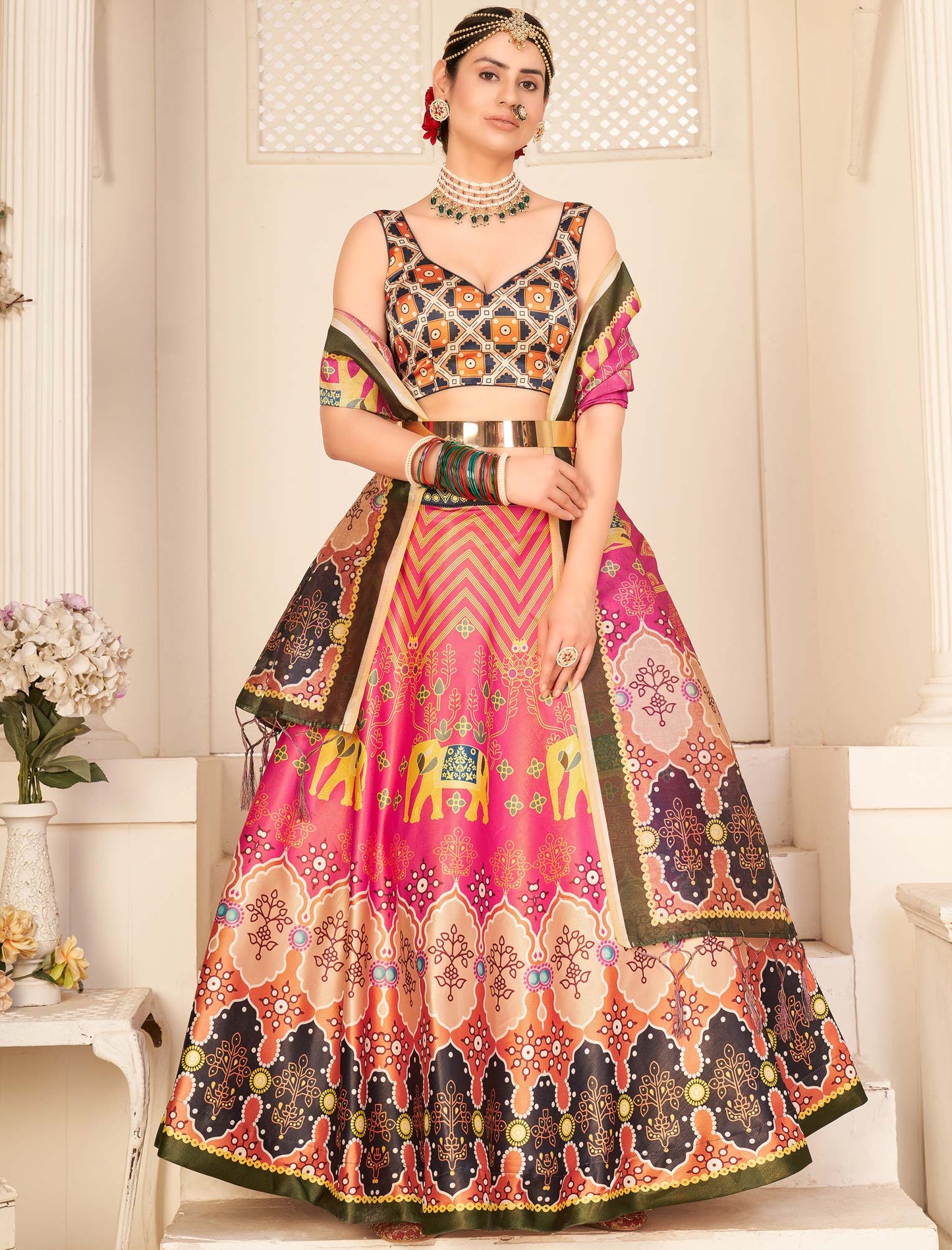 Multi-Color Rera Digital Print Assam Silk Dupatta With Lehenga Choli Set For Women