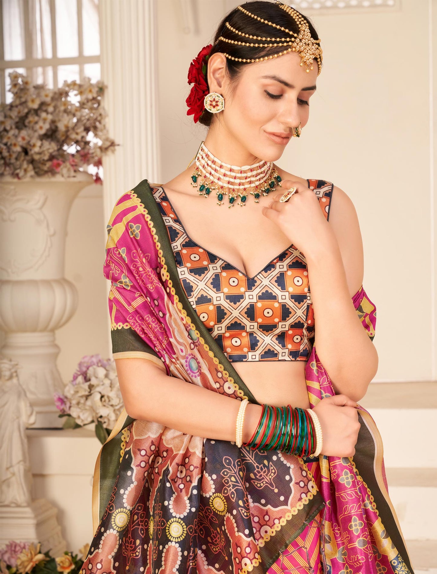 Multi-Color Rera Digital Print Assam Silk Dupatta With Lehenga Choli Set For Women