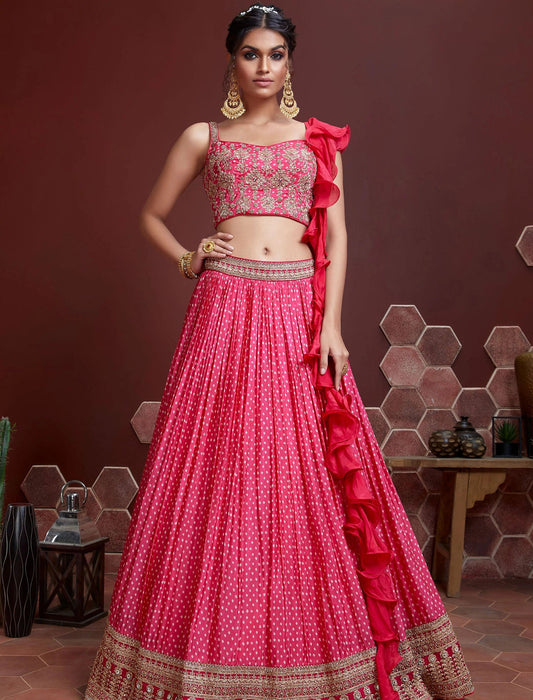 Pink Chinon Silk with Blouse & Dupatta Lehenga Choli Set For Women