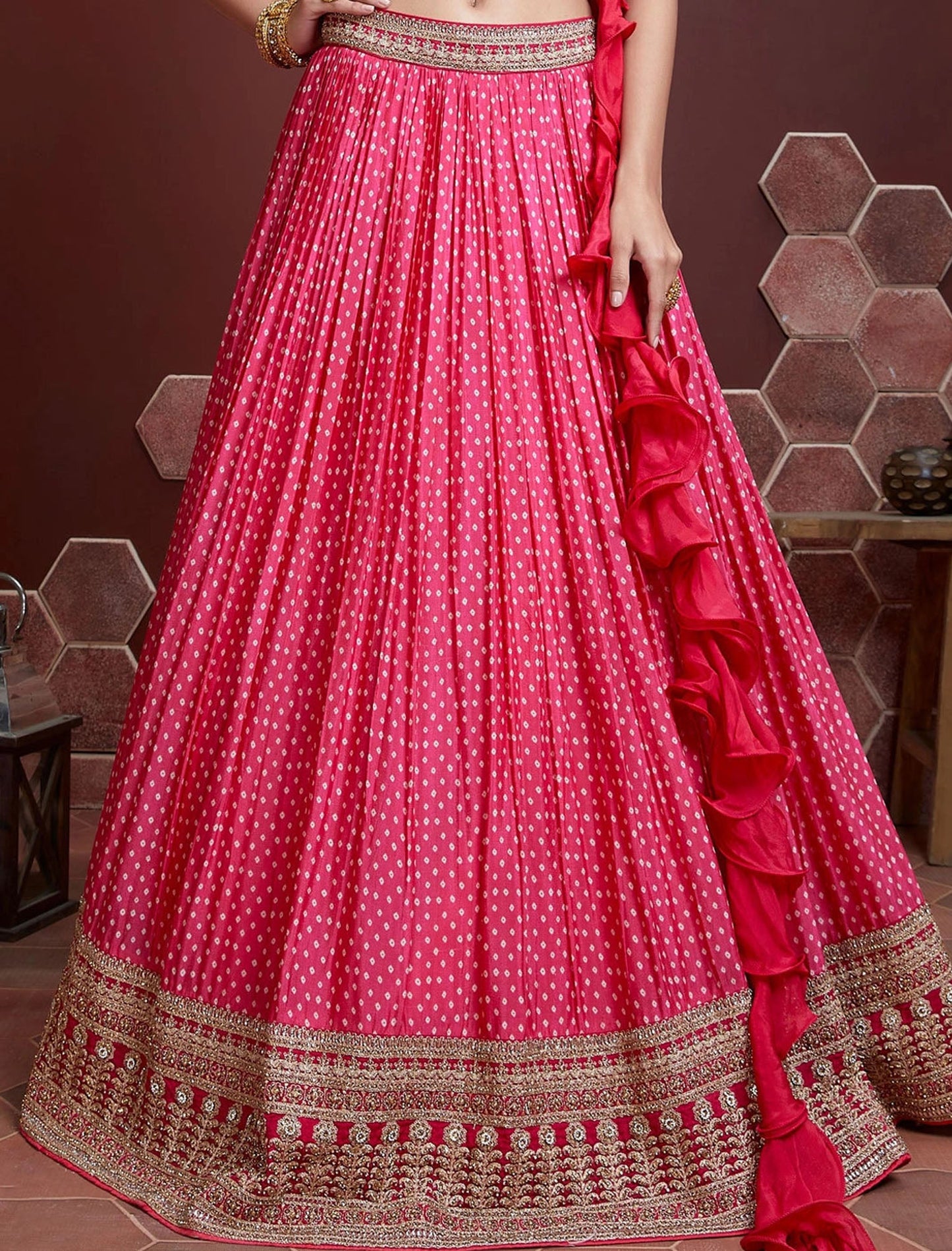 Pink Chinon Silk with Blouse & Dupatta Lehenga Choli Set For Women