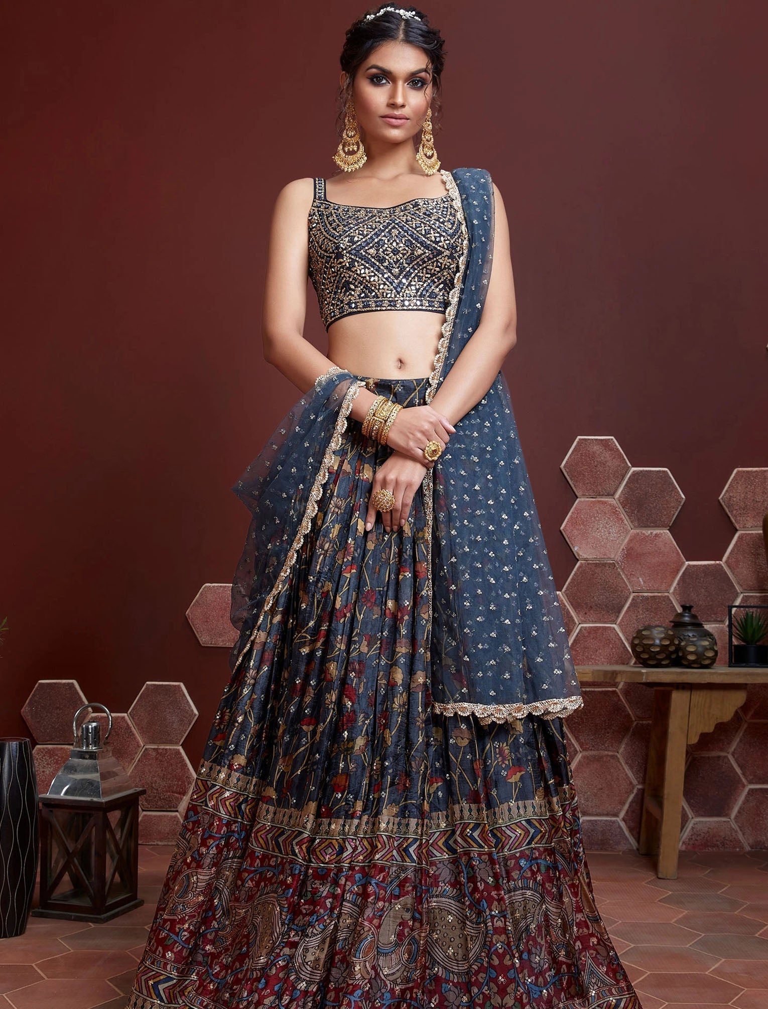Blue Chinon Silk with Heavy Banglori Silk Blouse & Dupatta Lehenga Choli Set For Women