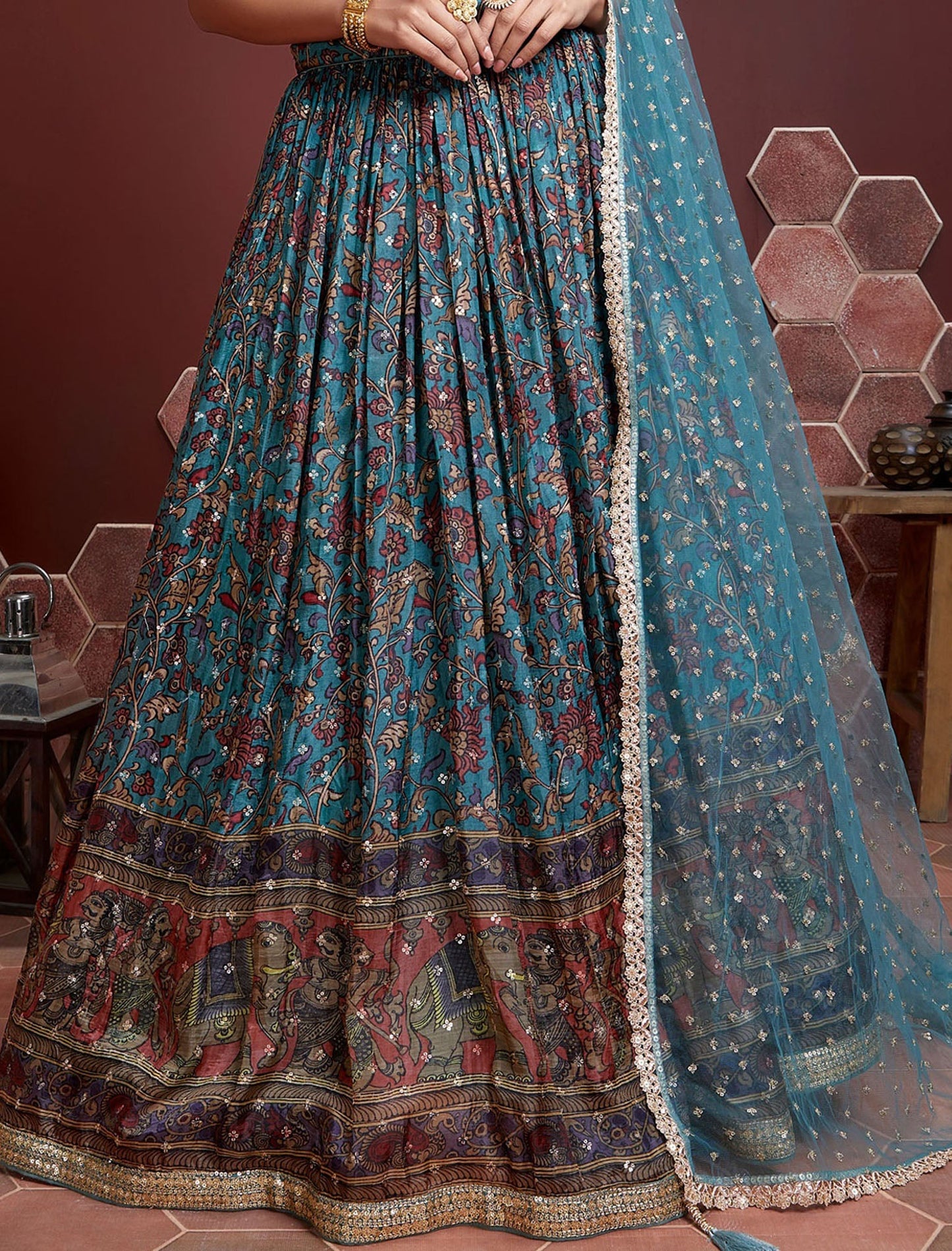 Sky Blue Chinon Silk with Heavy Banglori Silk Blouse & Dupatta Lehenga Choli Set For Women