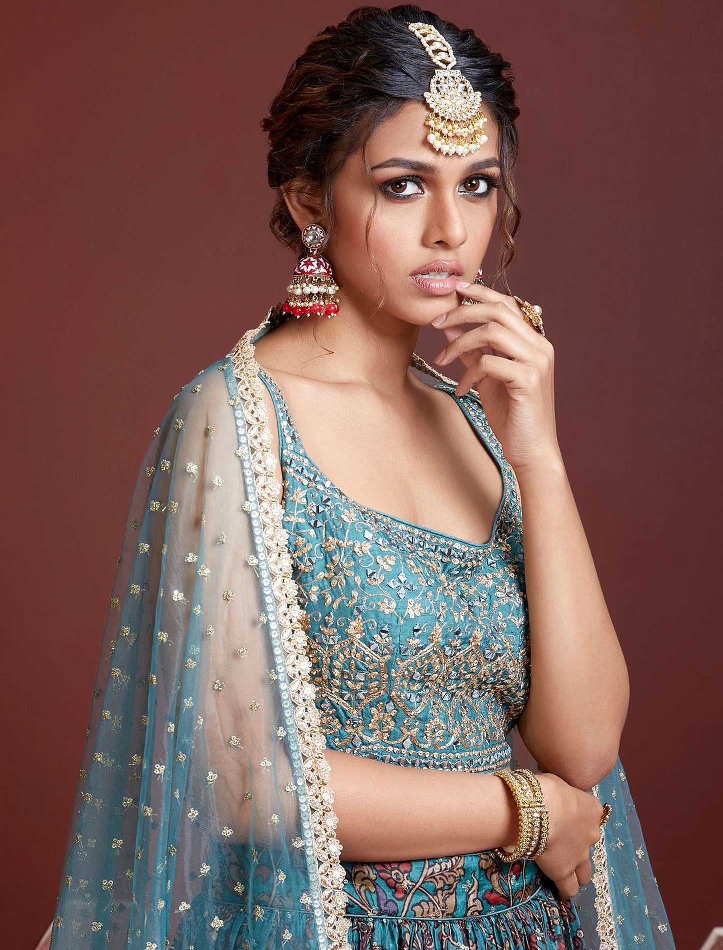 Sky Blue Chinon Silk with Heavy Banglori Silk Blouse & Dupatta Lehenga Choli Set For Women