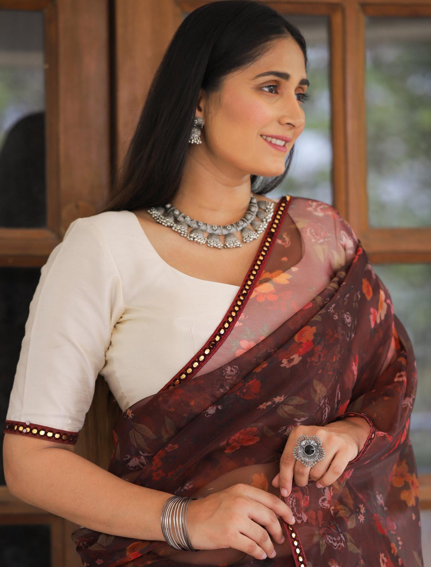 Heavy Digital Print & Lace Work Designer Silk Saree For Women