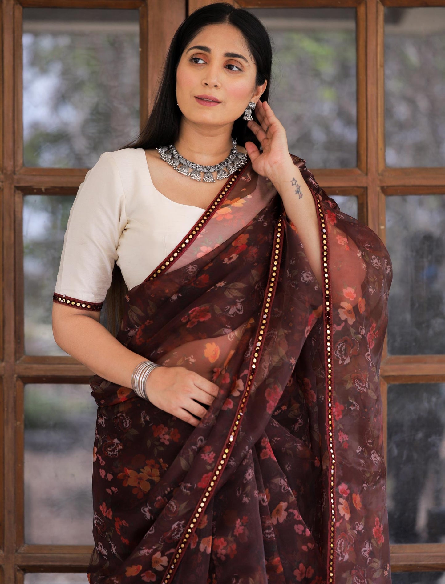Heavy Digital Print & Lace Work Designer Silk Saree For Women