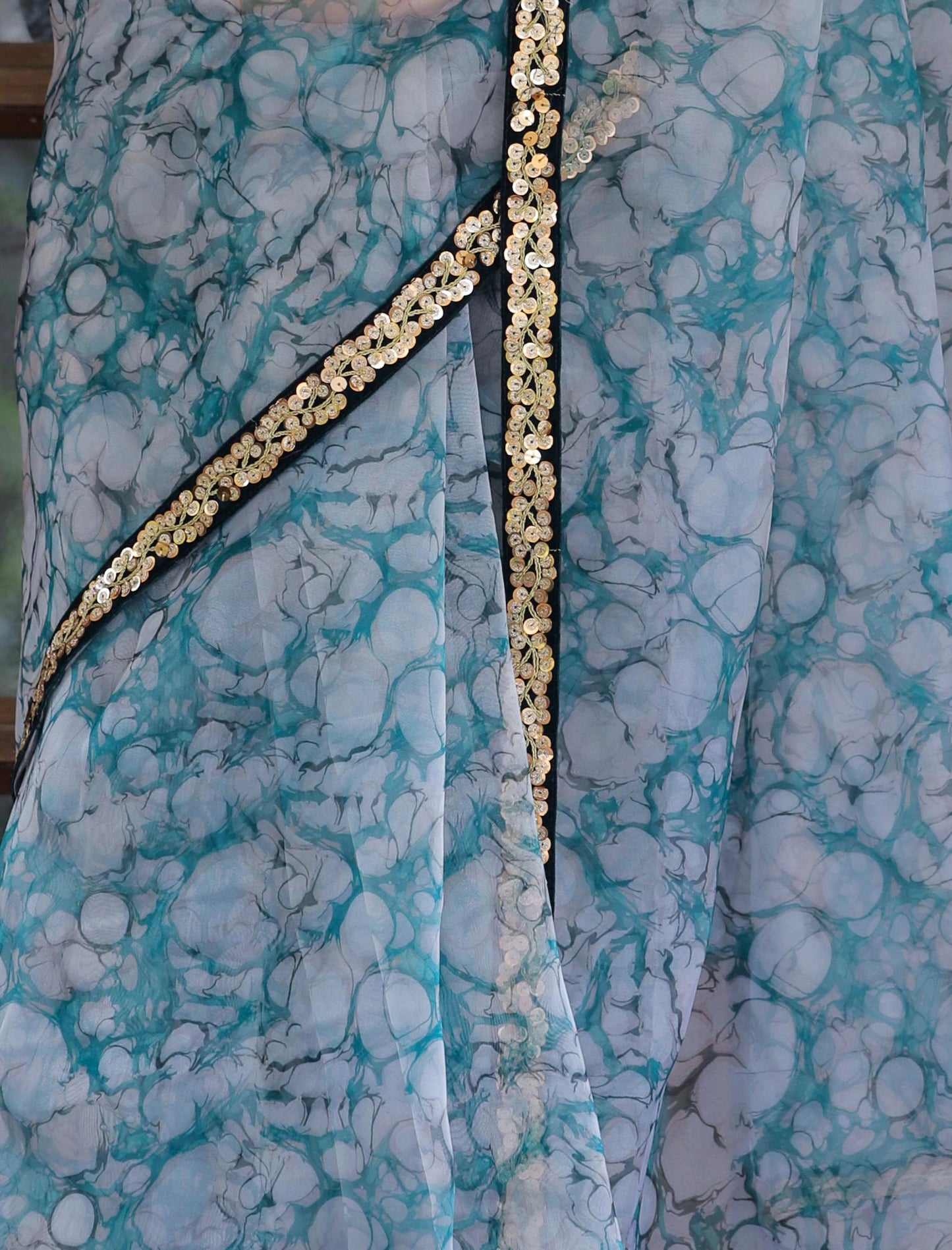 Off White & Grey Heavy Digital Print & Lace Work Designer Silk Saree For Women