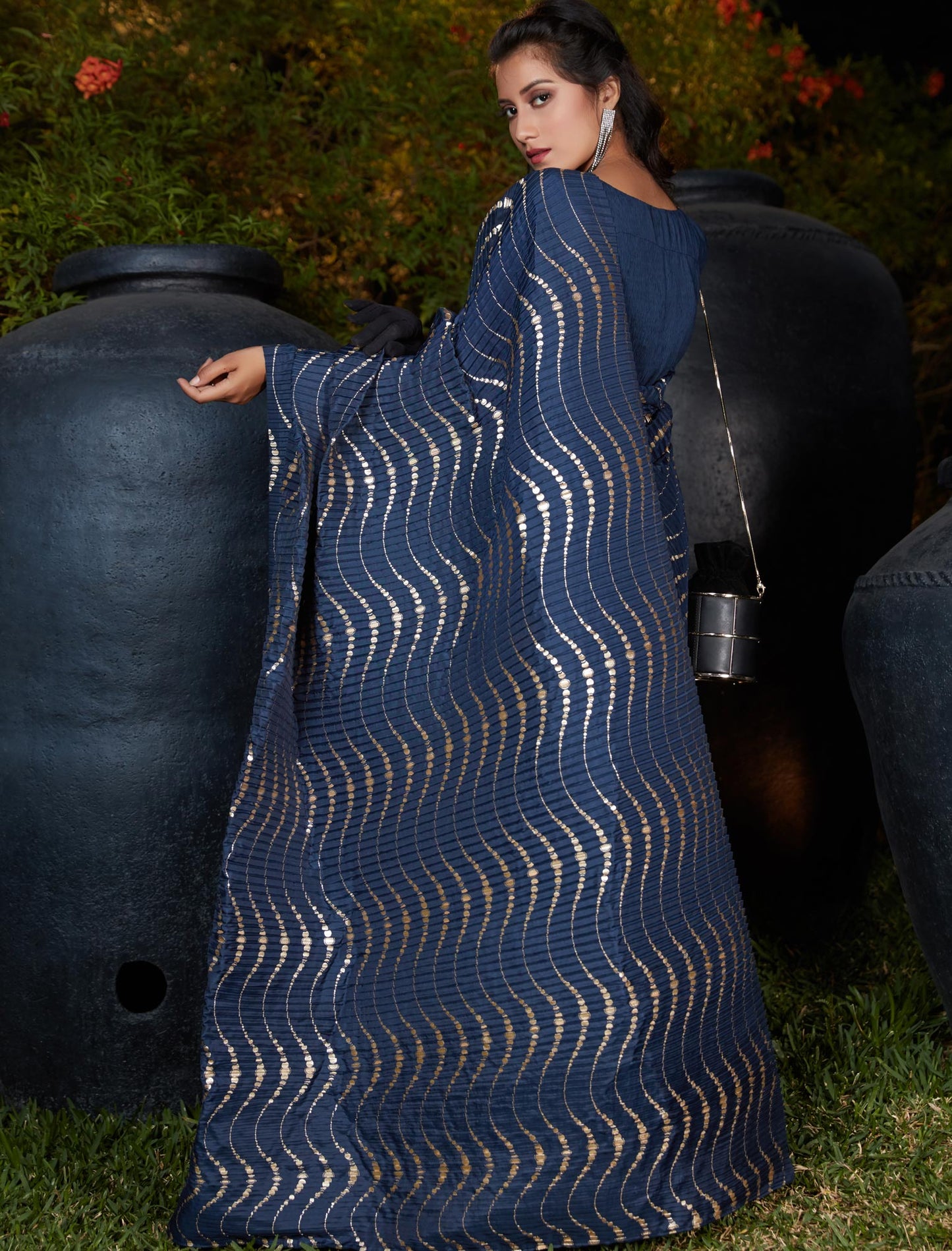 Navy Blue Plitting Work Designer Weadding & Party Silk Saree For Women