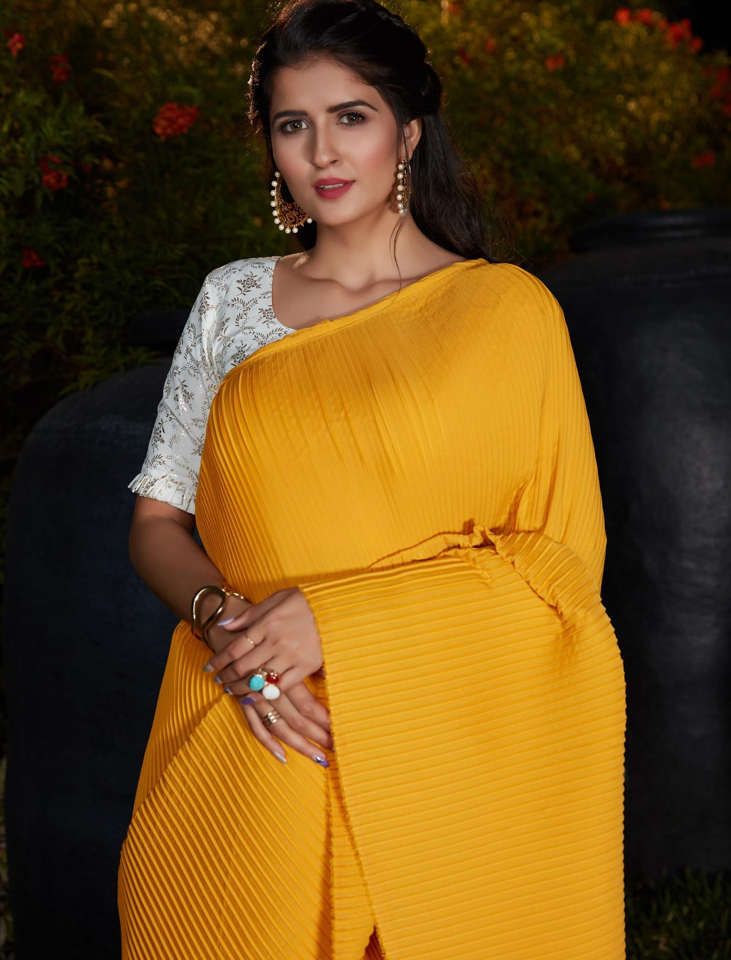 Yellow Plitting Work Designer Wedding & Party Silk Saree For Women