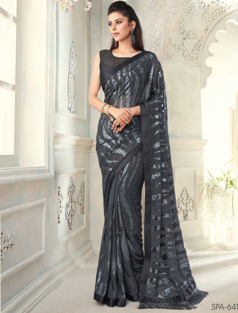 TFH Fancy Sequence Georgette Sarees with Silk Blouse Designer Sarees For Women