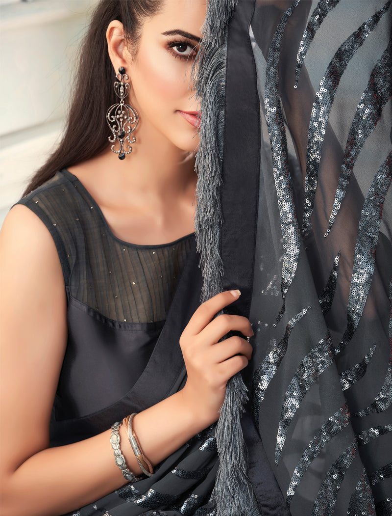 TFH Fancy Sequence Georgette Party Wear Designer Sarees For Women