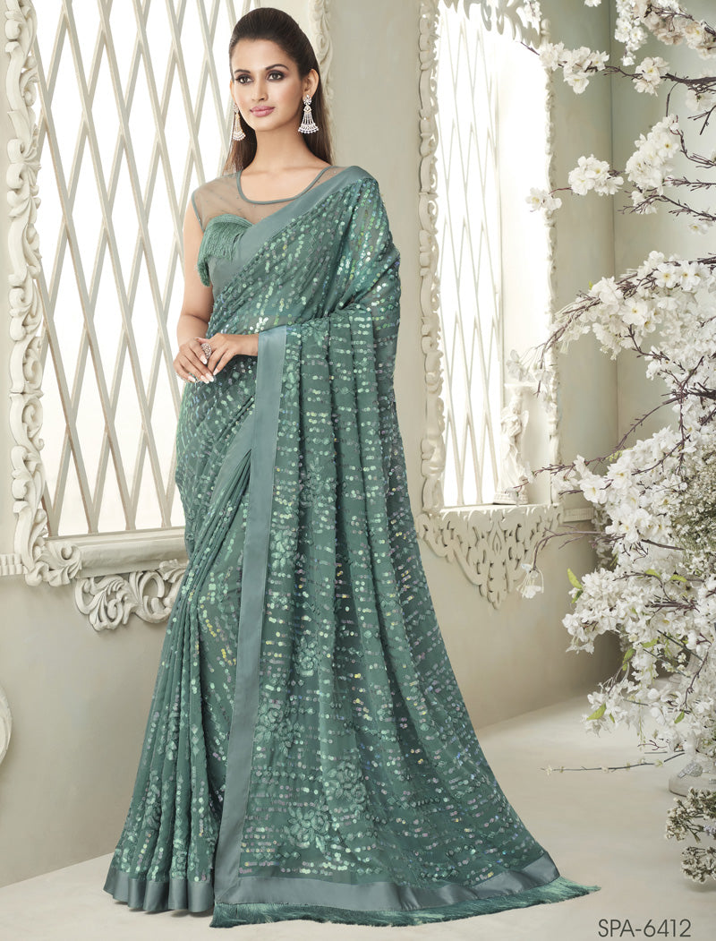 TFH Fancy Sequence Georgette Sarees with Silk Blouse Designer Sarees For Women