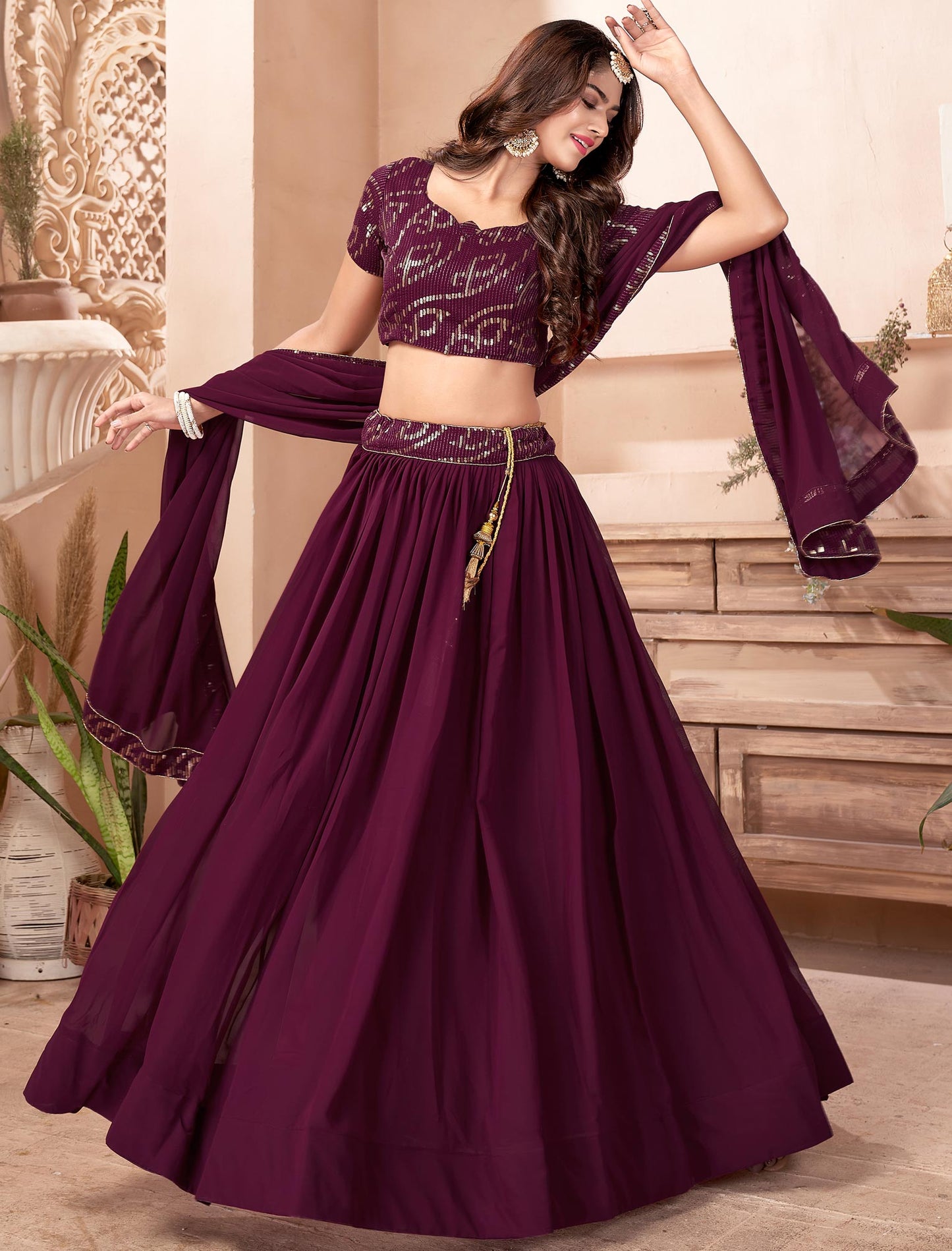 Purple Faux Georgette Sequins Work Dupatta & Lehenga Choli For Women