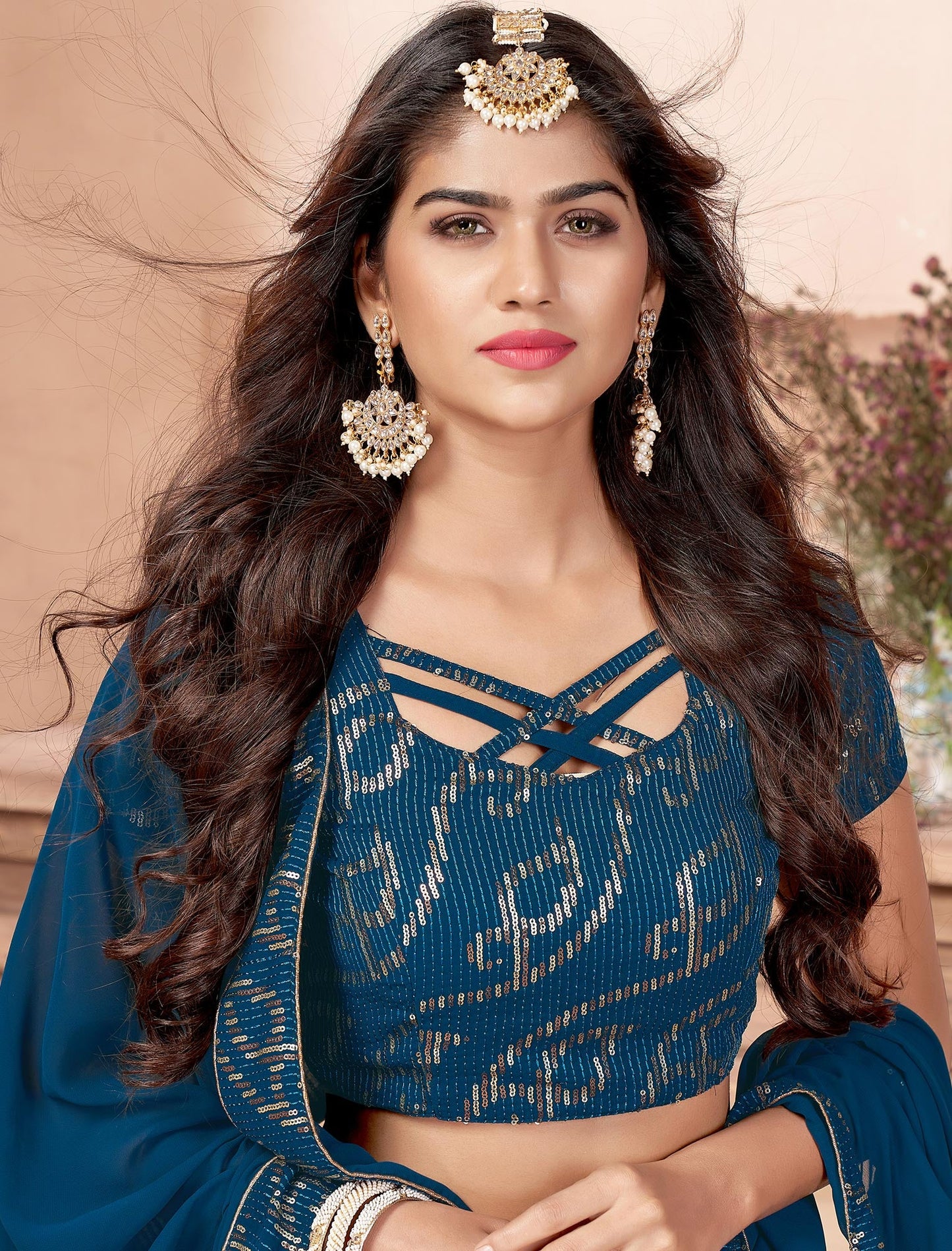 Teal Blue Faux Georgette Sequins Work Dupatta & Lehenga Choli For Women
