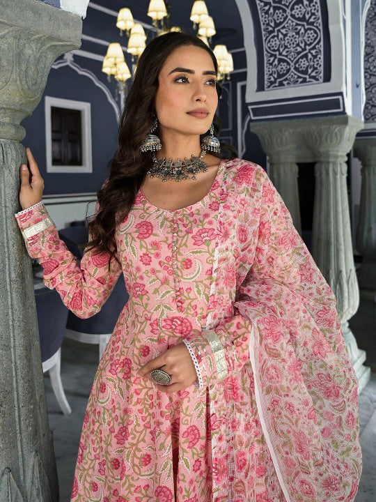 Pink Floral Hand Block Printed Anarkali Kurta With Dupatta Set