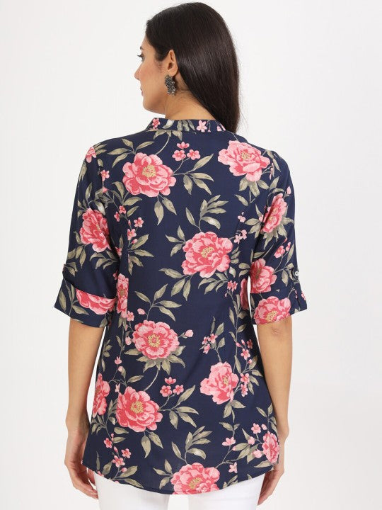 Navy Blue Floral Printed Rayon With 3/4th Sleeves Casual Top