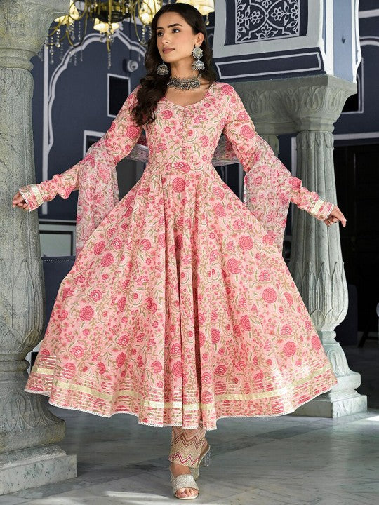 Pink Floral Hand Block Printed Anarkali Kurta With Dupatta Set