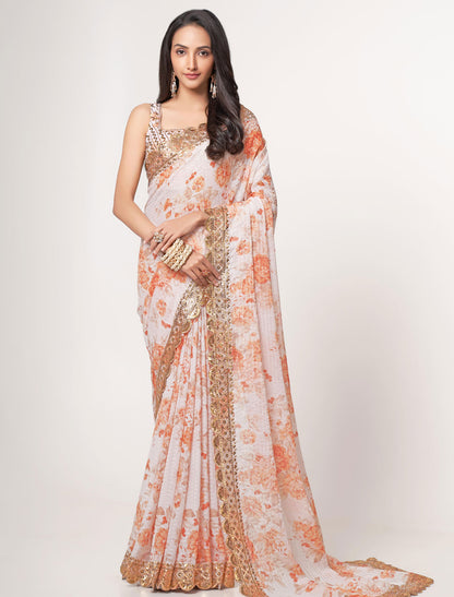 Stunning White Organza Saree with Sequins Embroidery | befashionate