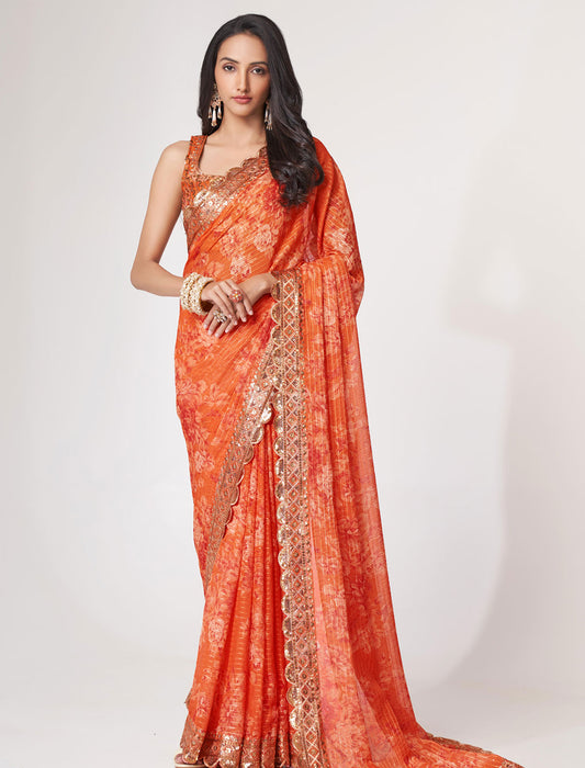 Shop the Elegance of Orange Organza Saree with Sequins Embroidery | befashionate