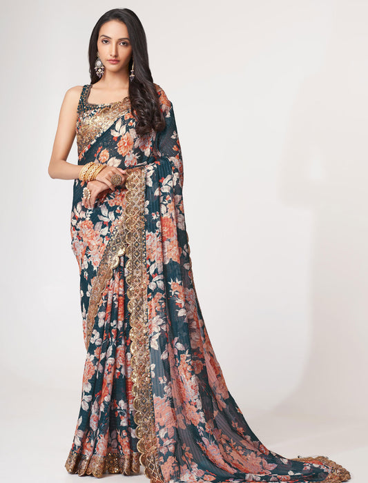 Elegant Dove Organza Saree with Sequins Embroidery | befashionate