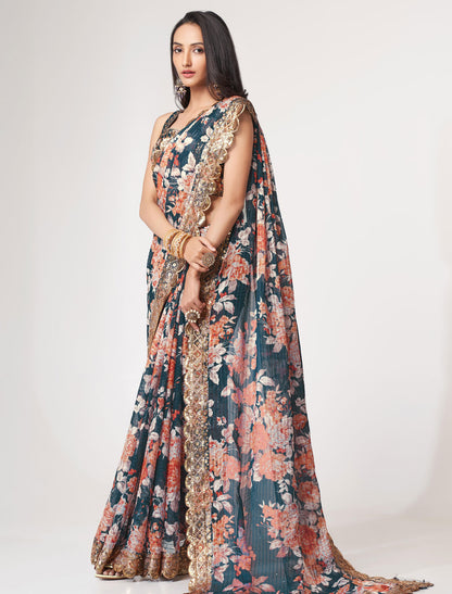 Elegant Dove Organza Saree with Sequins Embroidery | befashionate