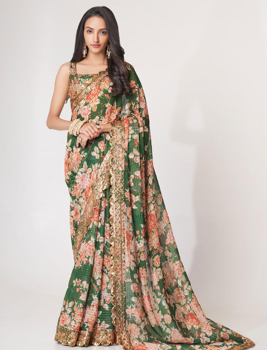 Enchanting Green Organza Saree with Sequins Embroidery | befashionate