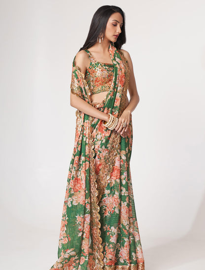 Enchanting Green Organza Saree with Sequins Embroidery | befashionate