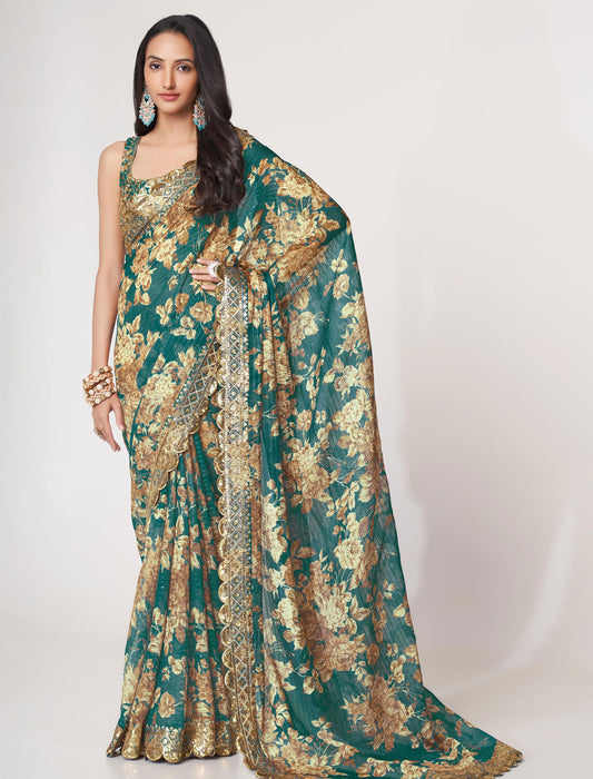 Exquisite Teal Blue Organza Saree with Sequins Embroidery | befashionate