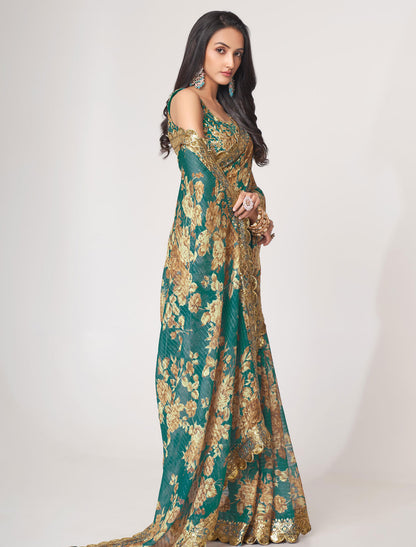 Exquisite Teal Blue Organza Saree with Sequins Embroidery | befashionate