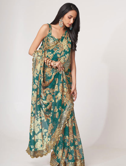 Exquisite Teal Blue Organza Saree with Sequins Embroidery | befashionate