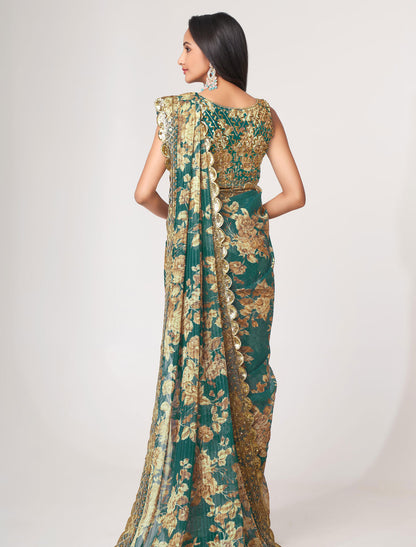 Exquisite Teal Blue Organza Saree with Sequins Embroidery | befashionate