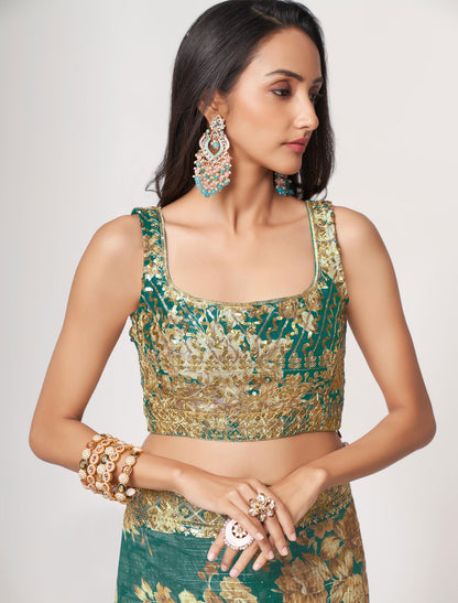 Exquisite Teal Blue Organza Saree with Sequins Embroidery | befashionate