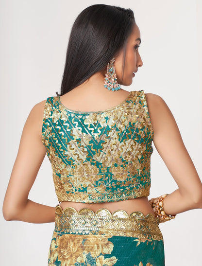 Exquisite Teal Blue Organza Saree with Sequins Embroidery | befashionate