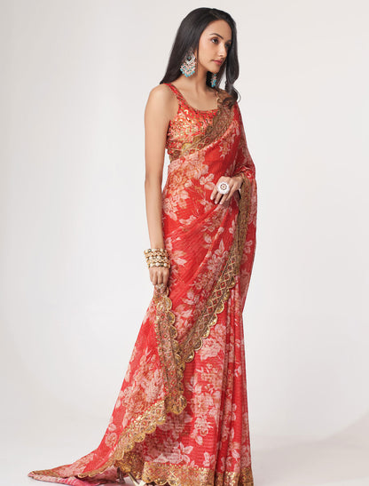 Radiant Red Organza Saree with Sequins Embroidery | befashionate