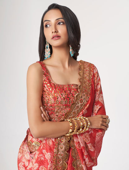 Radiant Red Organza Saree with Sequins Embroidery | befashionate