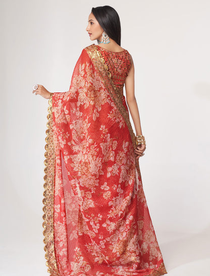 Radiant Red Organza Saree with Sequins Embroidery | befashionate