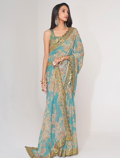 Elegant Sky Blue Organza Saree with Sequins Embroidery | befashionate