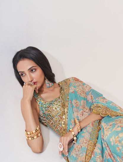 Elegant Sky Blue Organza Saree with Sequins Embroidery | befashionate