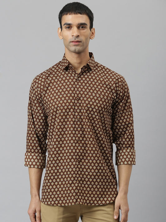 Millennial Men Brown Comfort Printed Casual Shirt