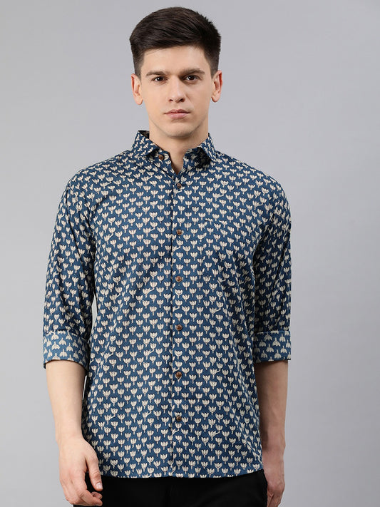 Millennial Men Teal Blue & Off-White Regular Fit Floral Printed Casual Shirt
